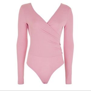 Topshop Long Sleeve Wrap Ribbed Bodysuit - Mauve
